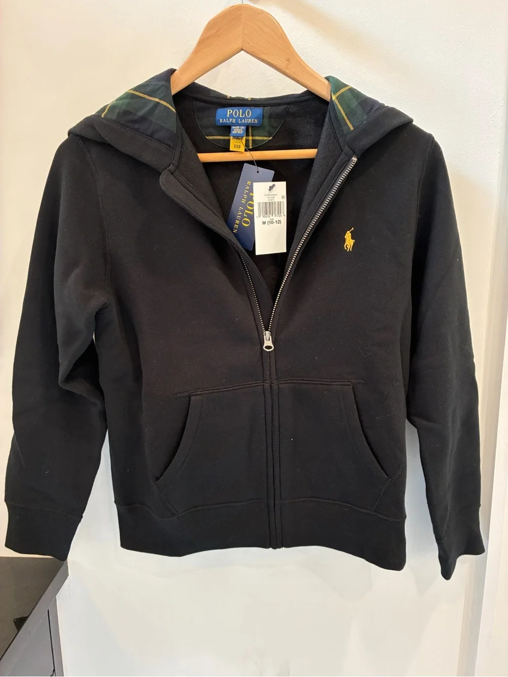 Ralph Lauren Kids Black Zip Hoodie with Yellow Pony and Green Tartan Hood